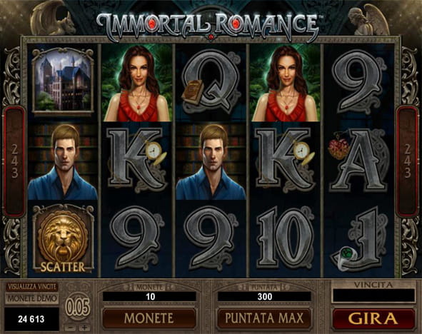 L'interfaccia di gioco della slot Immortal Romance di Microgaming.